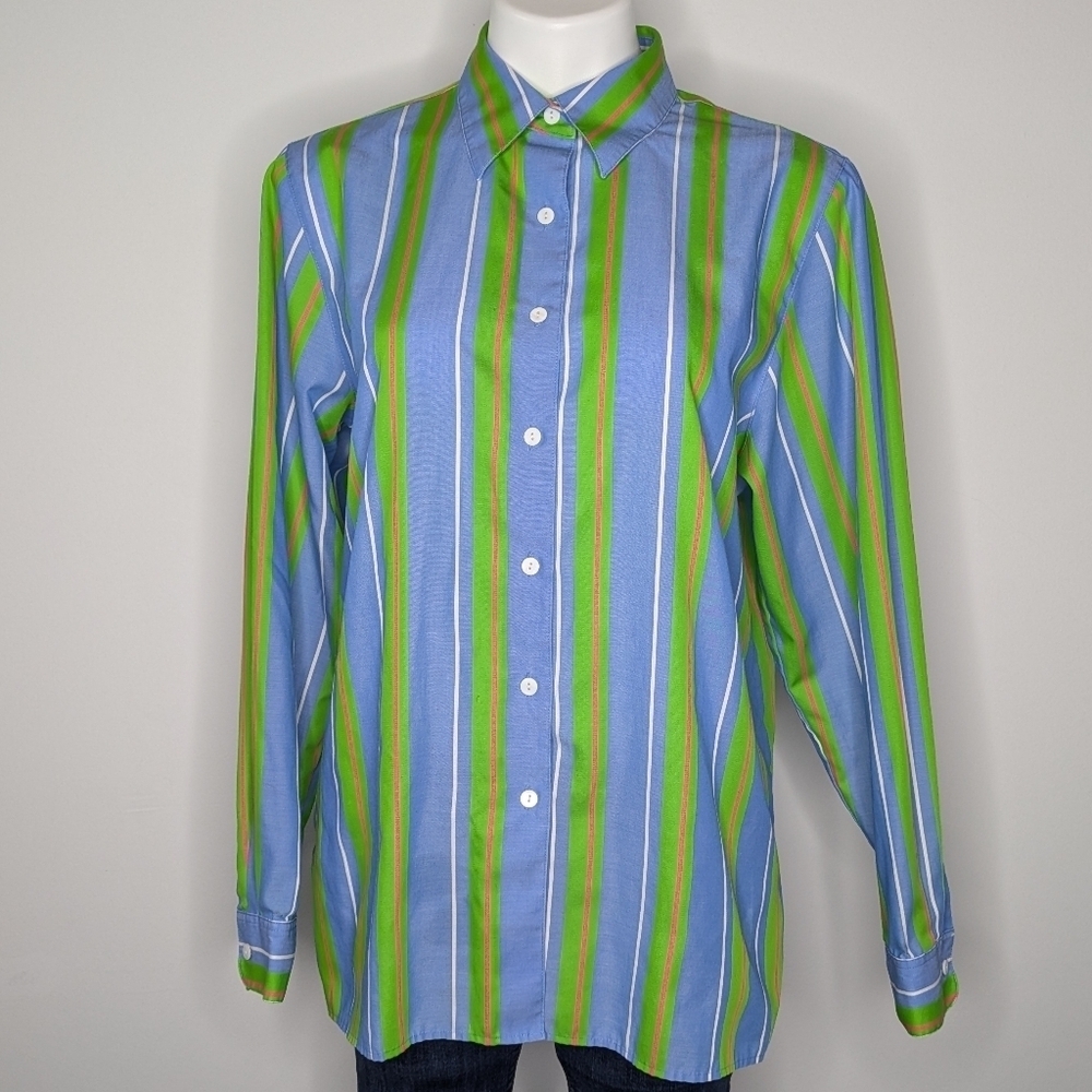 Foxcroft Blue Green Striped Long Sleeve Cotton Blend Button Up 12